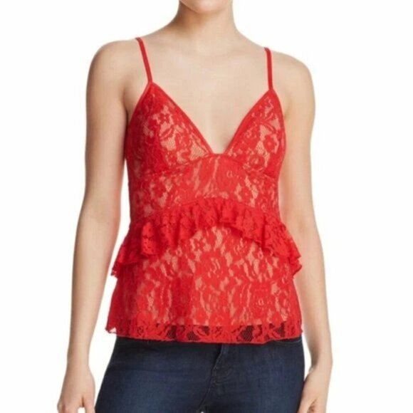 French Connection Size S Red Lace over Nude Ruffle Trim Sleeveless Peplum Top - Picture 1 of 15